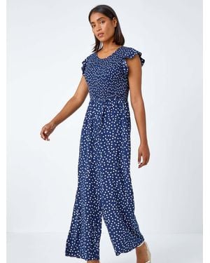Roman Polka Dot Shirred Jumpsuit - Blue