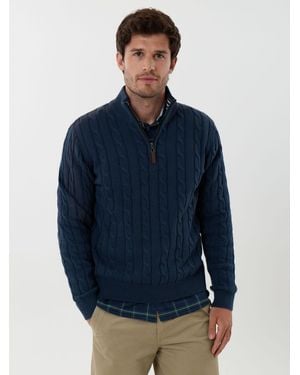 Saltwell Cable Knit Cotton Funnel Neck Quarter Zip Jumper - Blue