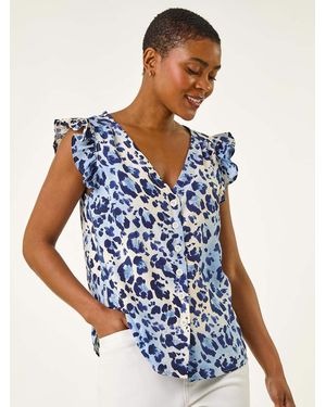 Roman Animal Print Frill Sleeve Blouse - Blue