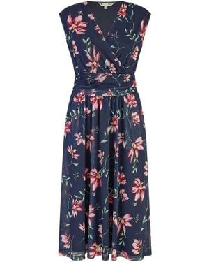 Yumi' Floral Print Mesh Stretch Midi Dress With Pockets - Blue