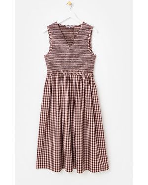Oliver Bonas Gingham Shirred Bodice V-Neck Midi Dress - Purple