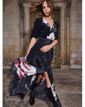 Religion Short Sleeved Diana Maxi Tea Dress With Large Rose Placement Print - Blue