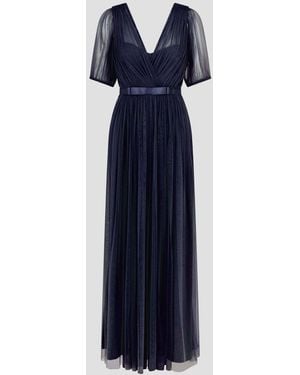 Monsoon Ellie Sheer Sleeve Plunge Tulle Maxi Dress - Blue