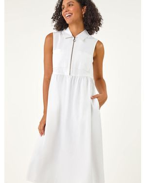 Roman Collared Zip Front Midi Dress - White