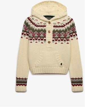 Superdry Fairisle 1/2 Button Hoodie - Natural
