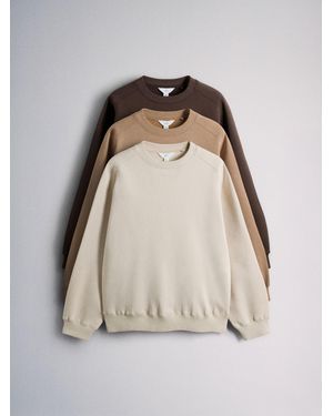 The Set 3 Pack Saddle Sleeve Crew Neck Sweatshirts Cream//Chocolate - Natural