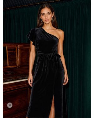 Yumi' Velvet One Shoulder Midi Dress - Blue