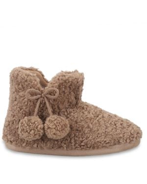 Totes Textured Faux Fur Boot Slippers - Brown