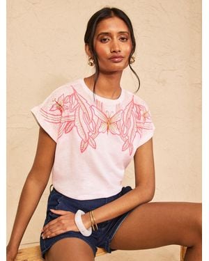 Love & Roses Ivory Neon Dragonfly Crew Neck Embroidered T-Shirt - Pink