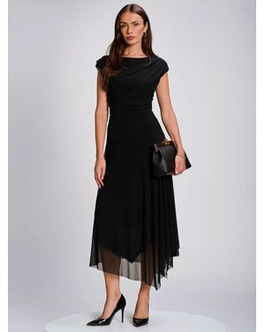 Jolie Moi Asymmetrical Draped Mesh Maxi Dress - Black