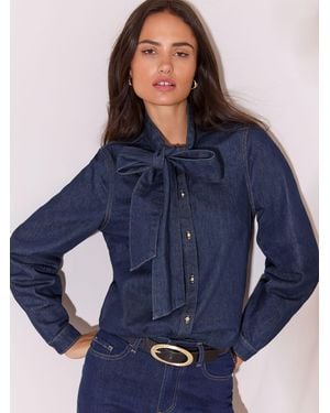 Lipsy Denim Pussybow Blouse - Blue