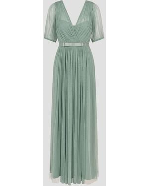 Monsoon Ellie Plunge V-Neck Tulle Maxi Dress With Sheer Short Sleeve & Back Bow Detail - Green