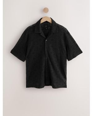 Next Short Sleeve Crochet Shirt With Cuban Collar - Black