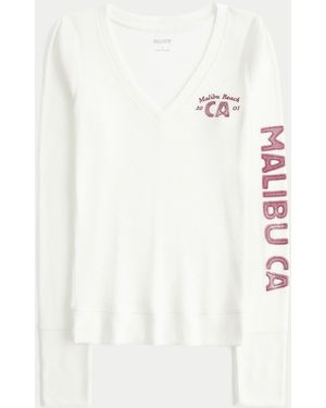 Hollister V-Neck Graphic Long Sleeve Top - Natural