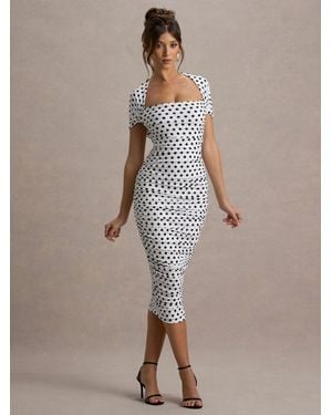 Club L London Paxos Polka Dot Ruched Short Sleeve Midi Dress - Brown