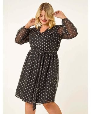 Roman Curve Polka Dot Midi Dress - Black