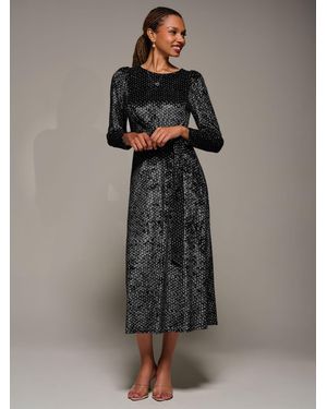 Jolie Moi Long Sleeve Velvet Tie Detail Midi Dress - Gray