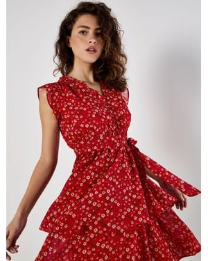 Apricot Tiny Vine Flower Print Lagenkleid - Rot