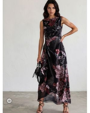 Religion Sleeveless Seren Maxi Dress With Draped Ruffled Full Skirt Print - Black