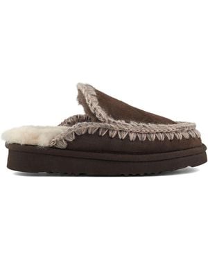 Mou Suede Full Eskimo Sheepskin Lined Flatform Stitch Mule Slippers - Brown