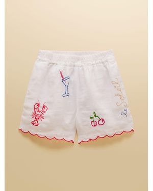 Joules Orla Embroidered Pure Linen Shorts - Natural