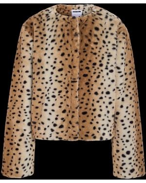 Noisy May Animal Deer Print Collarless Faux Fur Short Jacket - Brown