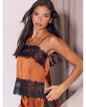 Lipsy Rust Lace Detail Satin Balloon Leg Pyjamas Set - Brown