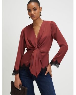 River Island Long Sleeve Knot Front Lace Top - Red