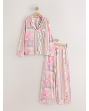 Next Stripe Long Sleeve Button Through Pajamas Set - Pink