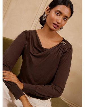 Love & Roses Chocolate Broach Detail Draped Boat Neck Knitted Sweater - Brown