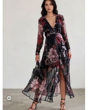 Religion Chloe Long Sleeved Maxi Dress With Button Detail - Black