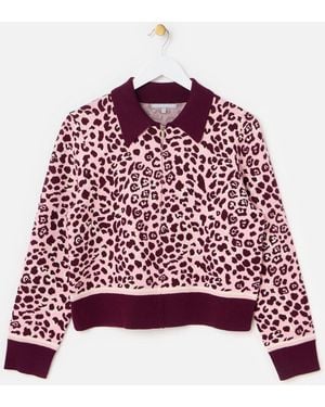Oliver Bonas Burgundy & Animal Print Zip Up Knitted Bomber Jacket - Red