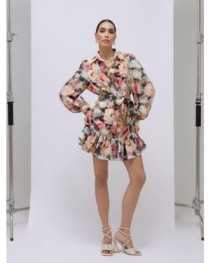 River Island Long Sleeve Floral Belted Shirt Dress - White