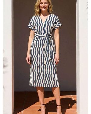 Roman Wave Print Belted Midi Dress - Brown
