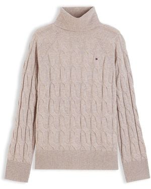 Tommy Hilfiger Pure Wool Cable Roll Neck Sweater - Brown