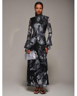 Jolie Moi Ruffle Long Sleeve Mesh Maxi Dress - Gray