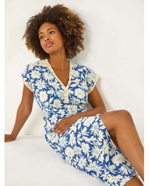 Roman Ditsy Lace Trim Midi Dress - Blue