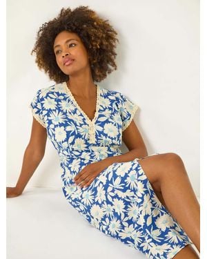 Roman Ditsy Lace Trim Midi Dress - Blue