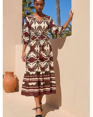 Roman Petite Abstract Print V-Neck Midi Dress - Natural