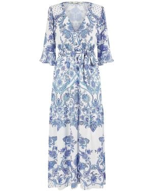 Yumi' Paisley Wrap Midi Dress With 3/4 Sleeves - Blue