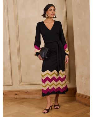 Love & Roses Love & Roses Petite Wrap Front Zig Zag Striped Knitted Midi Dress - Brown
