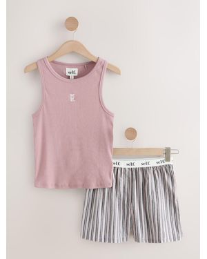 Self Rib Vest Short Pajamas Set - Pink