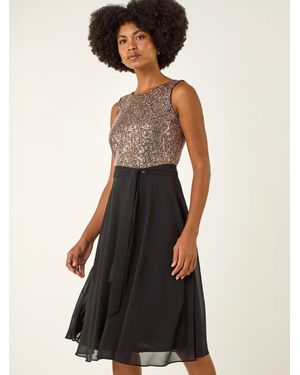 Roman Sequin Bodice Belted Chiffon Dress - Metallic