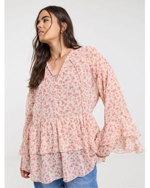 Simply Be Ruffle Georgette Smock Blouse - Pink
