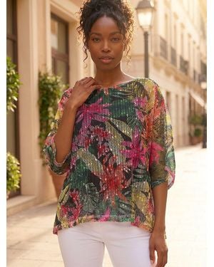 Roman Floral Print Mesh Overlay Top - Brown