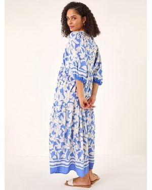 Roman Floral Print V-Neck Maxi Dress - Blue