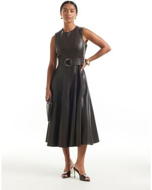 River Island Faux Leather Seamed Belted Midi Dress - White