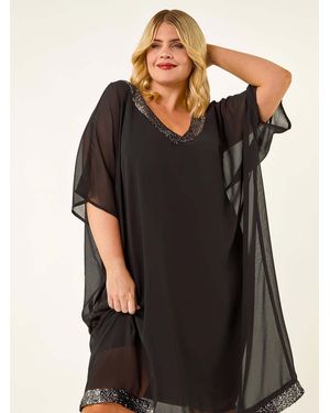 Roman Curve Sequin Chiffon Overlay Dress - Black