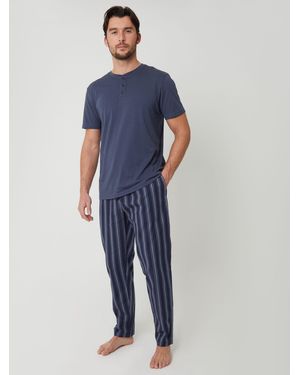 Threadbare Stripe Grandad Fit Pyjama T-Shirt & Bottoms Set - Blue