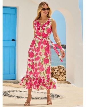 Sosandar Floral Print Ruffle Hem Tiered Wrap Midaxi Dress - Pink
